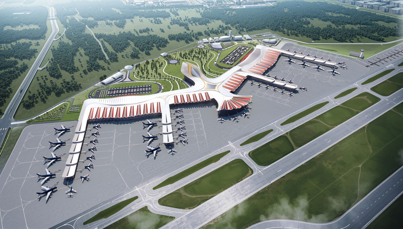The terminal is designed in the shape of a phoenix in flight — a symbol of national prestige.