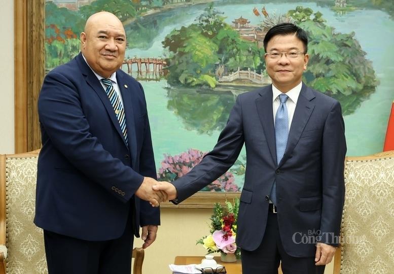 Deputy Prime Minister Le Thanh Long (R) hosts a reception for WHO Regional Director for the Western Pacific Saia Ma'u Piukala, Ha Noi, August 25, 2025