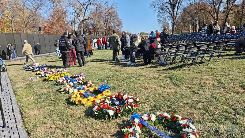 Wreaths laid at the memorial represent dozens of veterans’ organizations.