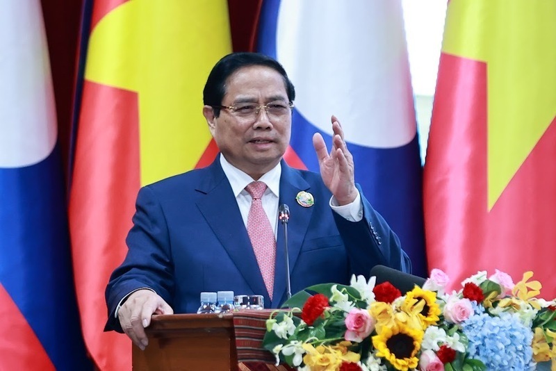 At the conference, Prime Minister Pham Minh Chinh emphasizes his expectation that enterprises will serve as the most important driving force for Vietnam-Laos economic, investment and trade cooperation. Photo: VGP
