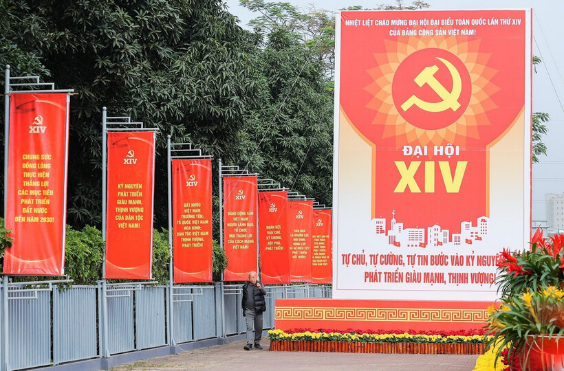 Red banners and slogans line the streets of the capital in celebration of the 14th National Congress of the Communist Party of Vietnam. Photo: VNA