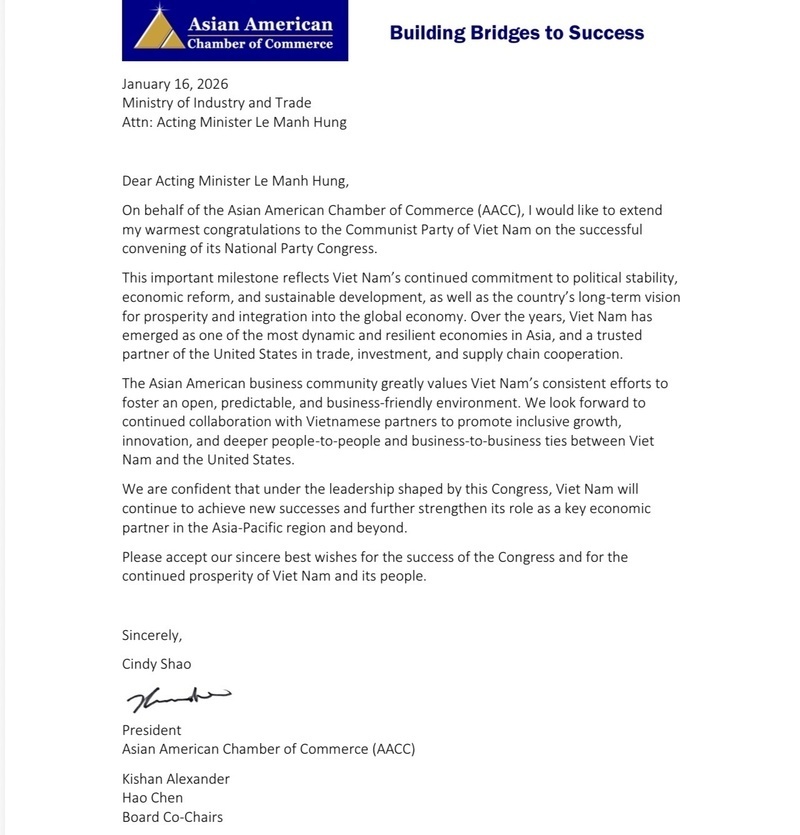 Contents of the letter sent to the Ministry of Industry and Trade of Vietnam by Cindy Shao, chair of the Asian American Chamber of Commerce (AACC).