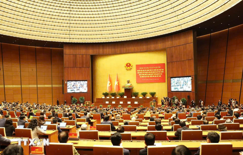 The nationwide conference to study, disseminate and implement Resolution No. 79-NQ/TW on the development of the state economy and Resolution No. 80-NQ/TW on the development of Vietnamese culture at the central venue. Photo: VNA