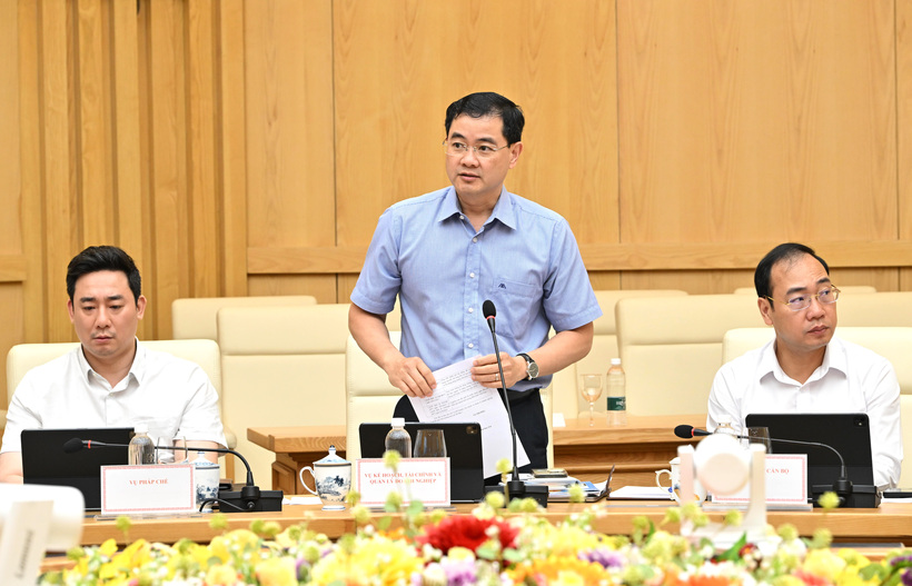 Bui Huy Son, Director General of the Department of Planning, Finance and Enterprise Management, presents a report at the conference.