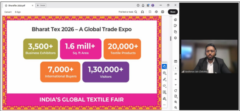 Vardhman Jain, representative of the Bharat Tex 2026 organising committee, deliveres a presentation at the seminar.