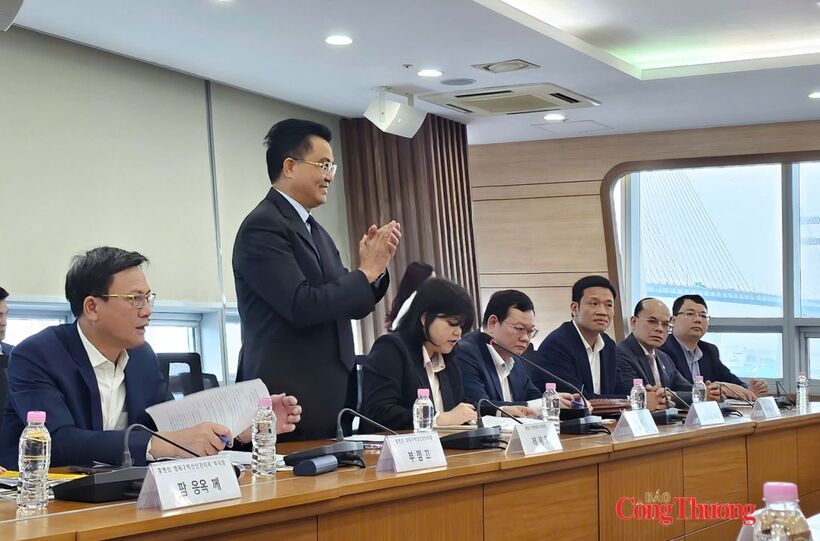 Le Quang Hoa, Vice Chairman of the Hung Yen Provincial People's Committee, addresses the working session with the Gyeonggi Free Economic Zone Authority. Photo: VIETRADE