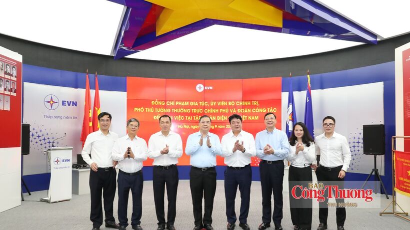 Standing Deputy Prime Minister Pham Gia Tuc poses for a group photo with EVN leaders and officials in the group’s traditional room.