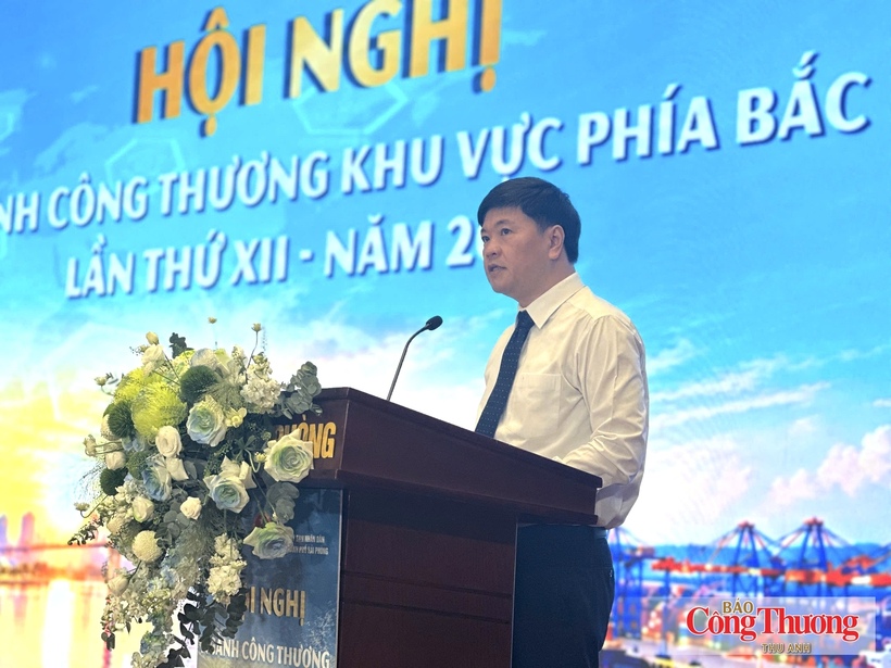 Vice Chairman of the Hai Phong People's Committee Hoang Minh Cuong delivers remarks at the conference.