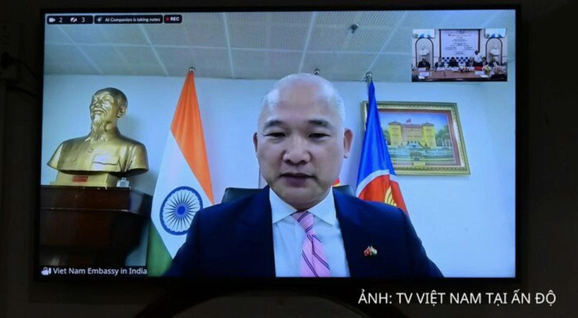 Ambassador of Viet Nam to India Trinh Minh Manh joins the meeting online from New Delhi.