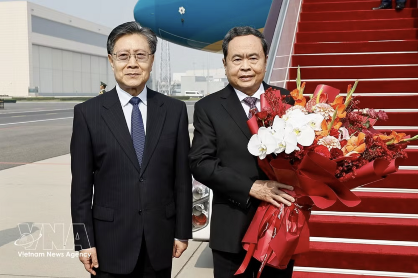 President of the Vietnamese National Assembly Tran Thanh Man (right) and Vice Chairman of the NPC Standing Committee Wang Dongming at the airport. Photo: VNA