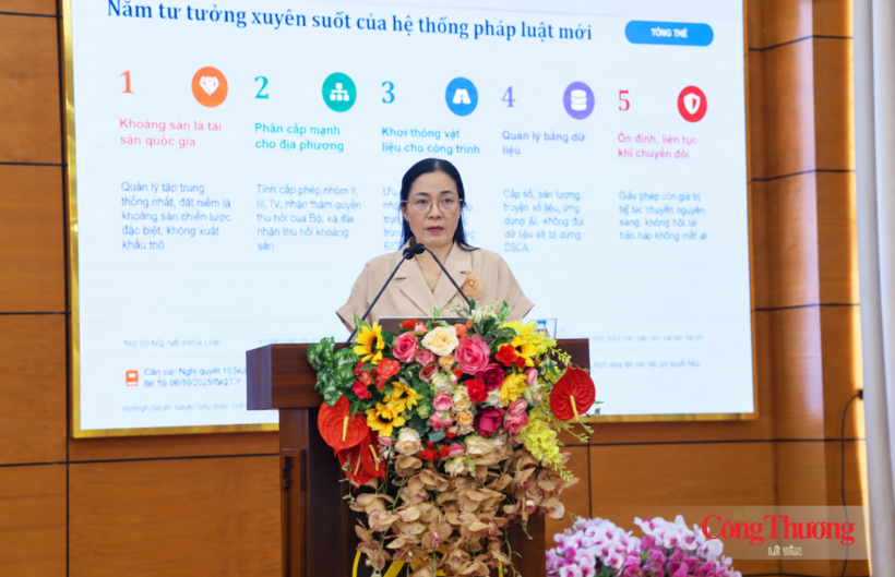 Pham Thi Thanh, Deputy Head of the Legal Affairs and Inspection Division under the Viet Nam Department of Geology and Minerals, addresses the conference.