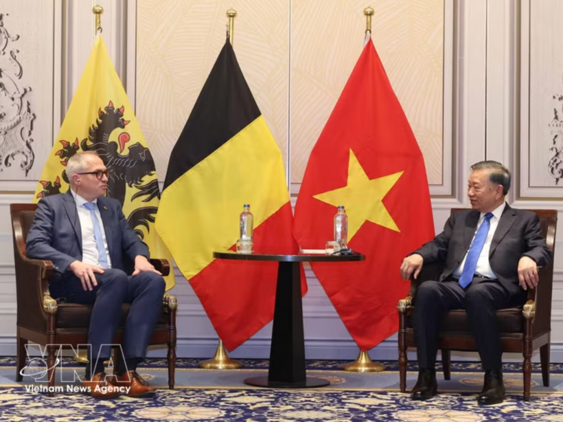 General Secretary of the Communist Party of Viet Nam Central Committee and President To Lam (R) receives Minister-President of Flanders Matthias Diependaele on October 23. Photo: VNA