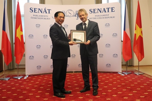 Foreign Minister Bùi Thanh Sơn (left) presents a souvenir Czech Senate President Milos Vystrcil. — VNA/VNS Photo Foreign Minister Bùi Thanh Sơn (left) presents a souvenir Czech Senate President Milos Vystrcil. — VNA/VNS Photo