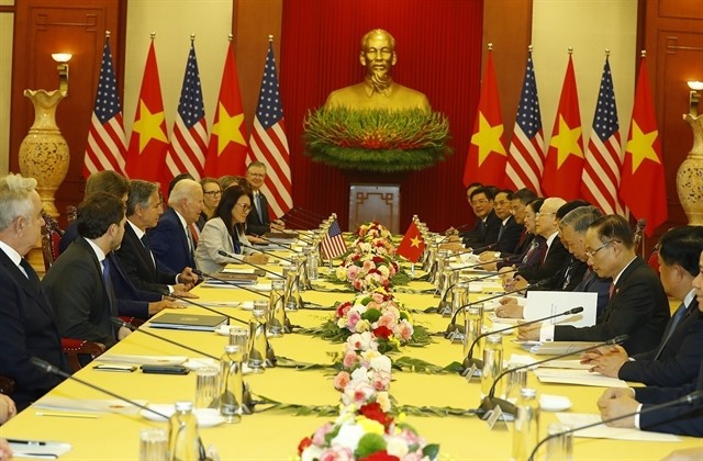 General Secretary of the Communist Party of Việt Nam Central Committee Nguyễn Phú Trọng and United States President Joe Biden held talks in Hà Nội on Sunday. — VNA/VNS Photo Trí Dũng