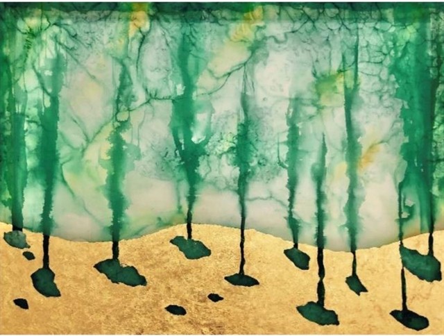 'Rừng Vàng 1' (Golden Forest), a painting by Phan Minh Bạch using dye-na-flow colour and gold leaf on silk. — Photo courtesy of the Lacameo 'Rừng Vàng 1' (Golden Forest), a painting by Phan Minh Bạch using dye-na-flow colour and gold leaf on silk. — Photo courtesy of the Lacameo