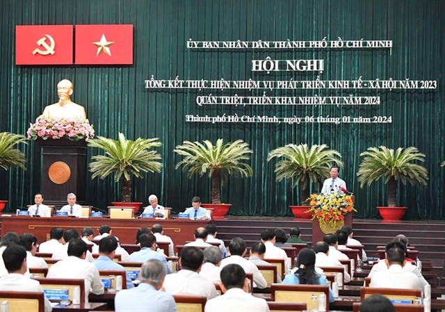 Phan Văn Mãi, chairman of HCM City People’s Committee, speaks at a meeting in the city last Saturday. VNA/VNS Photo