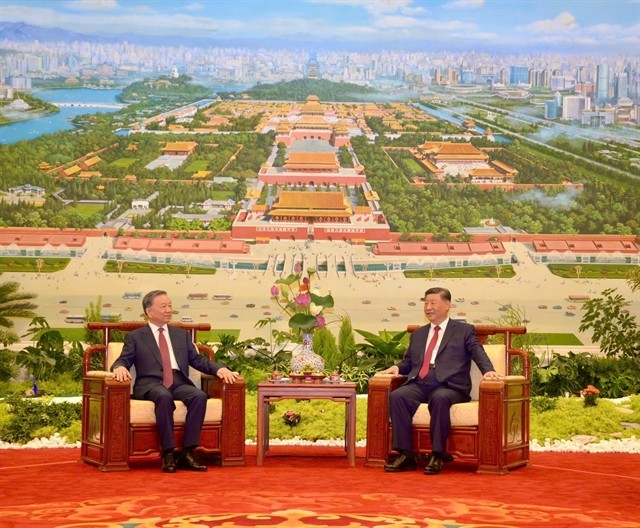 General Secretary of the Communist Party of China (CPC) Central Committee and President of China Xi Jinping invited General Secretary of the Communist Party of Việt Nam (CPV) Central Committee and President To Lam to join a tea chat in Beijing on August 19. — VNA/VNS Photo Trí Dũng