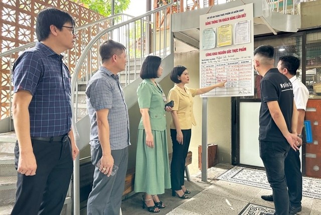 Long Biên District leaders survey a business establishment at the 'Controlled Food Safety Street' Hồng Tiến (Bồ Đề Ward). Photo of Hà Nội Mới Long Biên District leaders survey a business establishment at the 'Controlled Food Safety Street' Hồng Tiến (Bồ Đề Ward). Photo of Hà Nội Mới