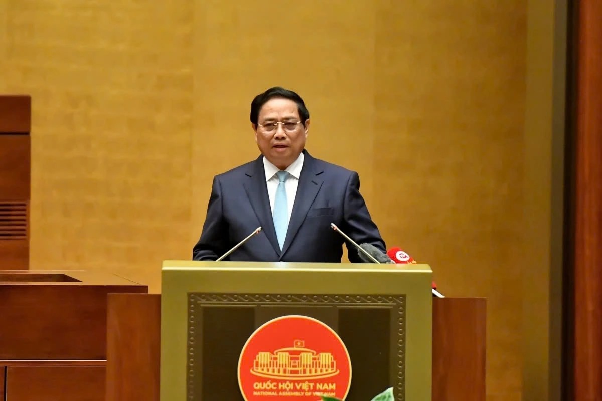 Prime Minister Pham Minh Chinh speaks at a national conference reviewing the results of the implementation of Resolution 18-NQ/TW of the 12th Party Central Committee in 2017 regarding the renewal and restructuring of the political system, in Hanoi on December 1.