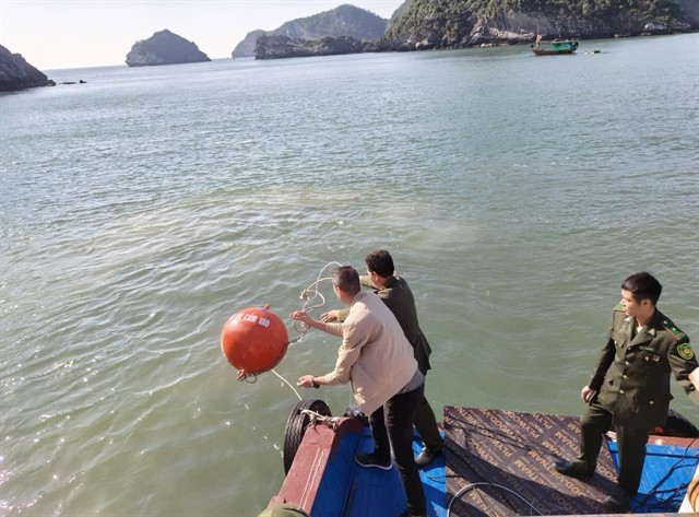 A representative of TH Group and staff of Cát Bà National Park release a mooring buoy at the Cát Bà Archipelago on Friday. VNS Photo Khánh Linh