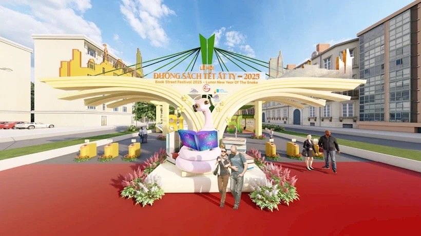 A perspective of the welcome gate of the 2025 New Year Book Street Festival. (Photo: hcmcpv.org.vn)