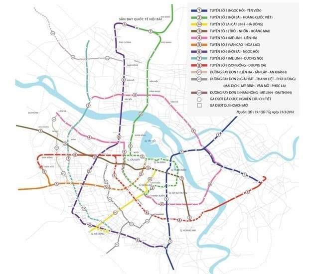 The planned metro network of Hanoi. Metro line No 5 is in orange. (Photo hanoimetro.net.vn)