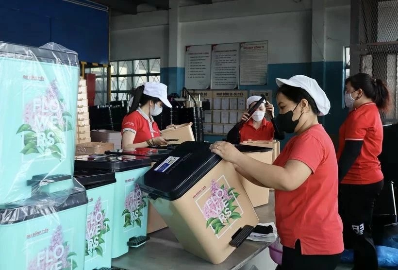Workers at Dai Dong Tien plastic company in Ho Chi Minh City label and package products. (Photo: VNA)