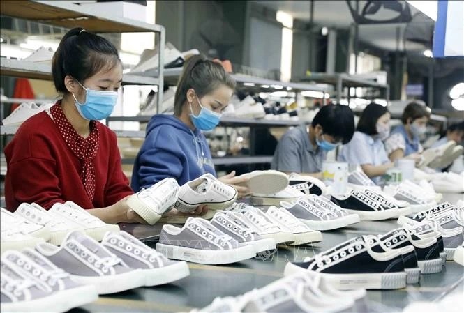 Workers produce footwear at the Ha Tay Chemical Weave Co.Ltd in Hanoi (Photo: VNA)