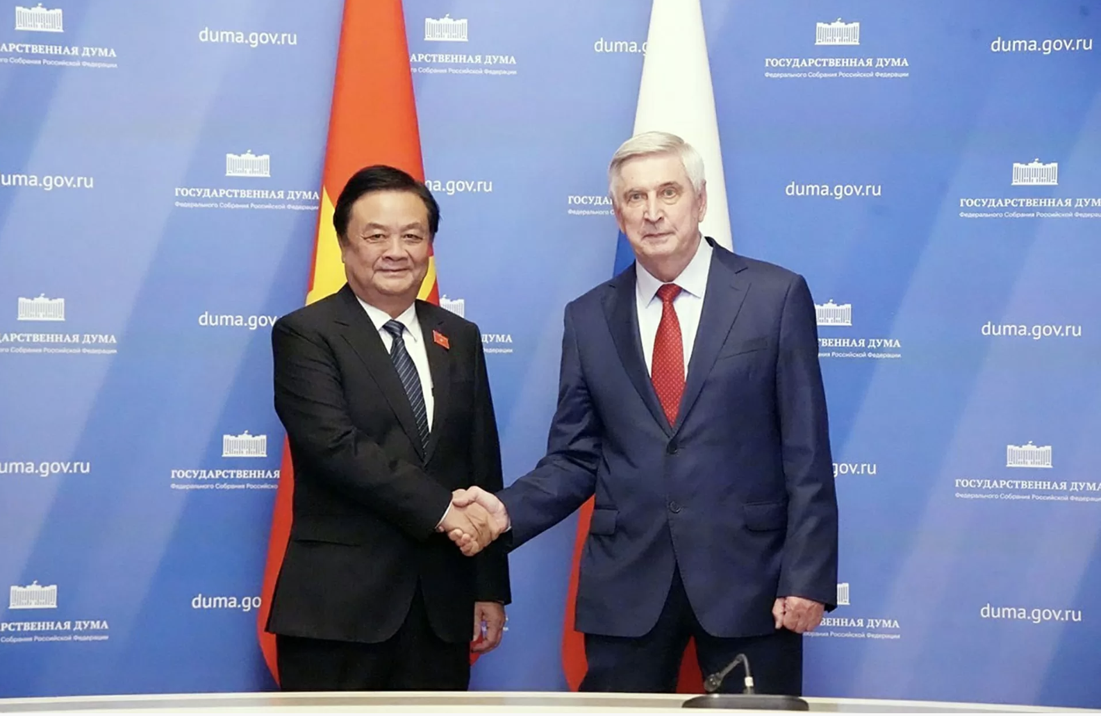 Vice Chairman of the National Assembly Le Minh Hoan and First Deputy Chairman of the State Duma of Russia Ivan Melnikov. (Source: VNA)